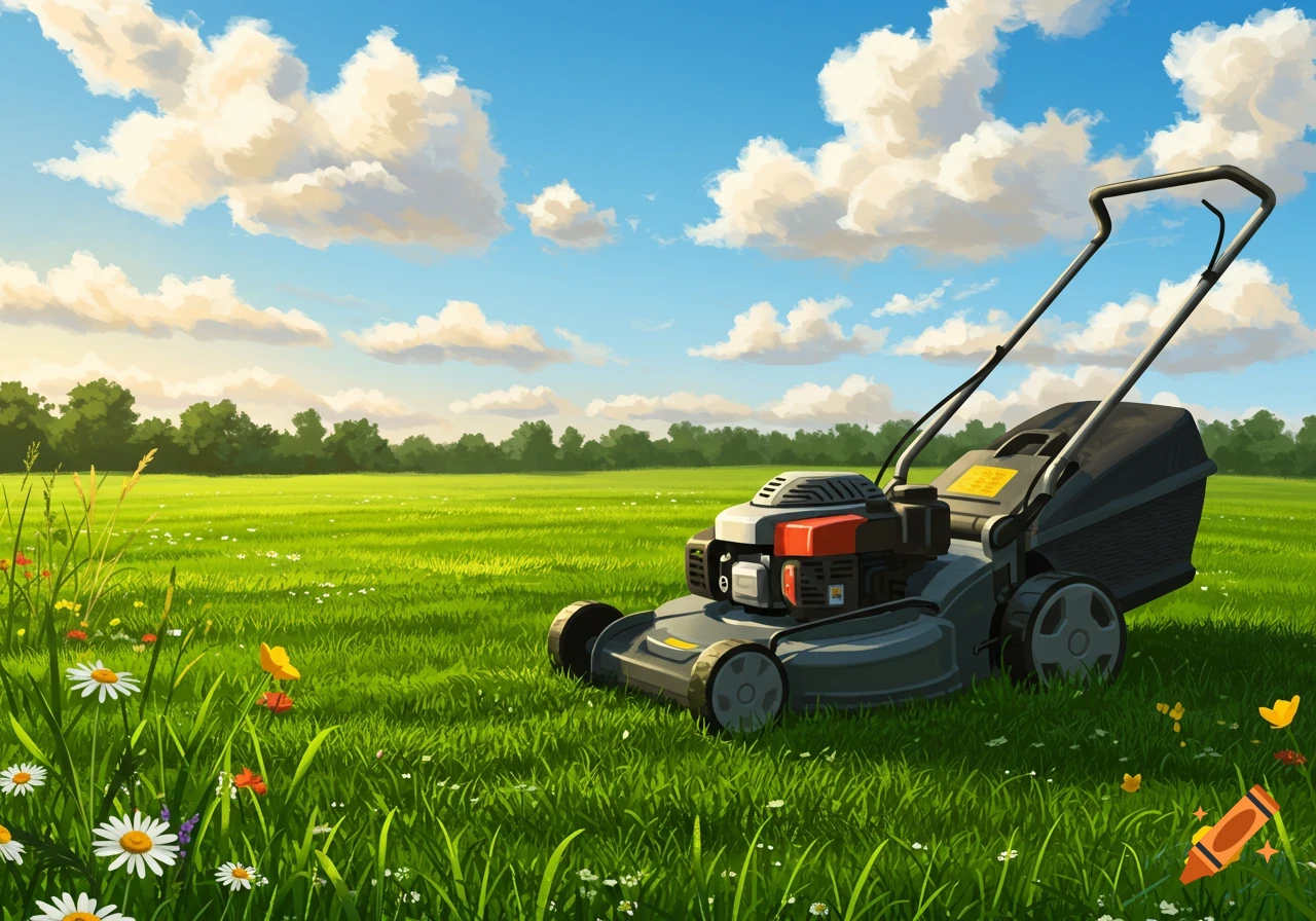 A lawn mower in a vibrant green field with wildflowers under a clear blue sky with fluffy clouds, in an illustrative style.