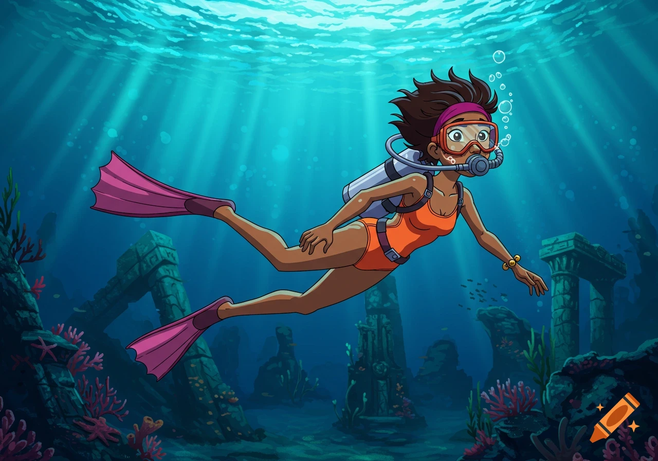 Cartoon character scuba diving in the ocean, wearing an orange swimsuit, pink fins, and a gray oxygen tank.
