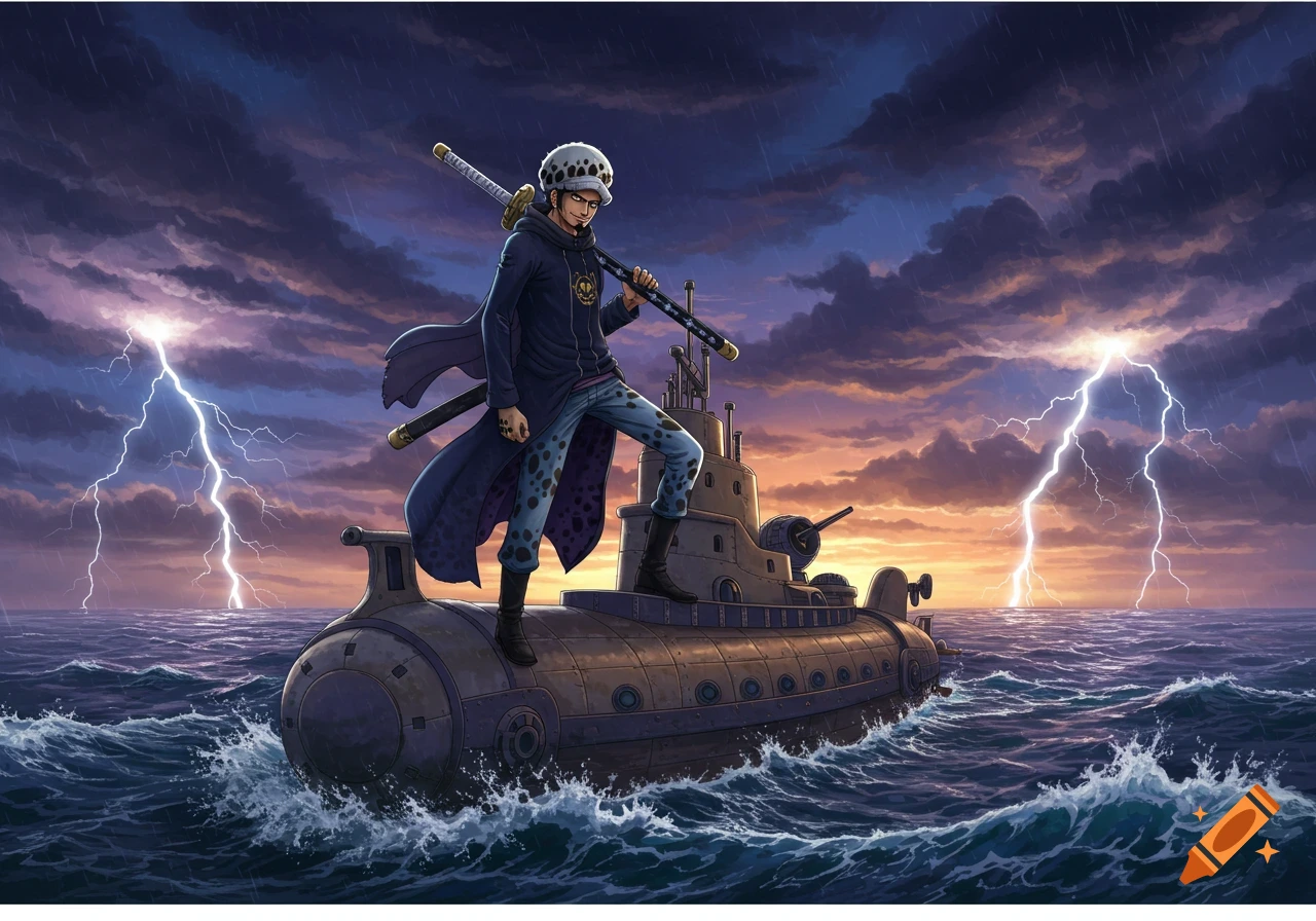An anime character, Trafalgar Law from One Piece, stands atop a submarine on a stormy sea with lightning striking in the background. The sky is dark and cloudy with a sunset glow on the horizon.