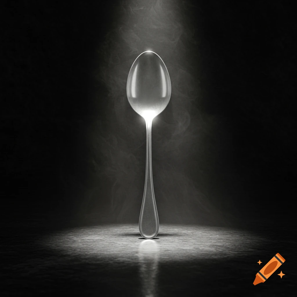 A highly reflective, silver spoon stands upright on a dark, reflective surface, dramatically lit with smoke in the background.