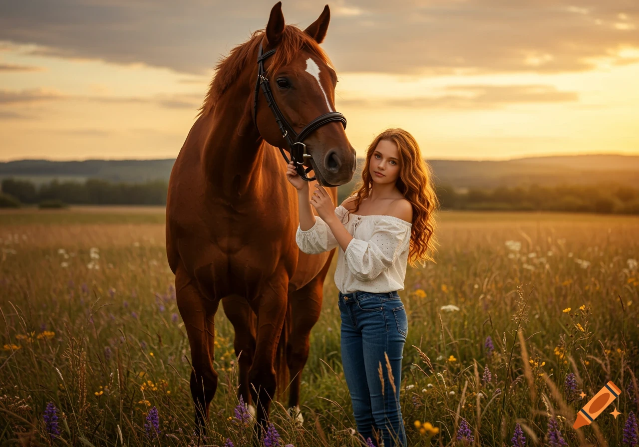A young girl with red hair holds the bridle of a brown horse in a sunlit field at sunset. Photorealistic.