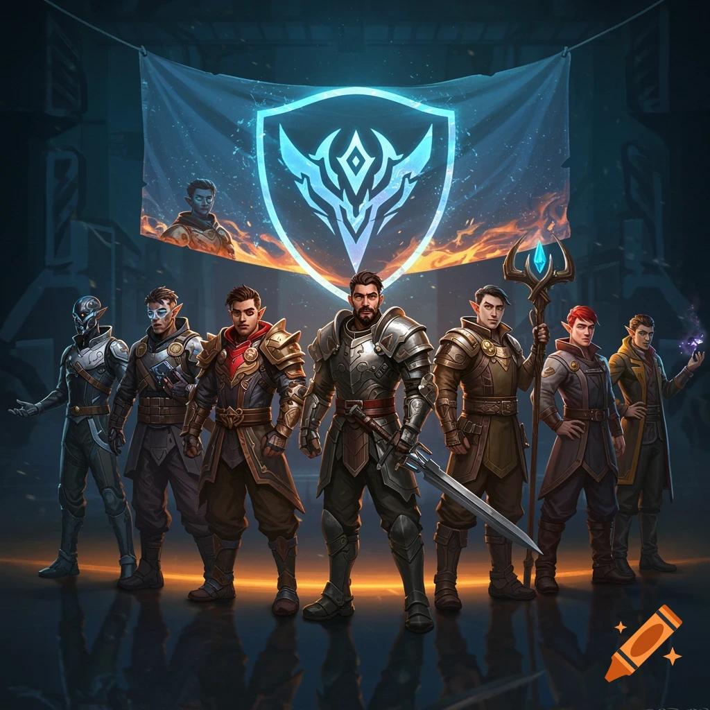 A group of fantasy gaming characters, including knights, rogues, and mages, stand in a line before a glowing shield banner.