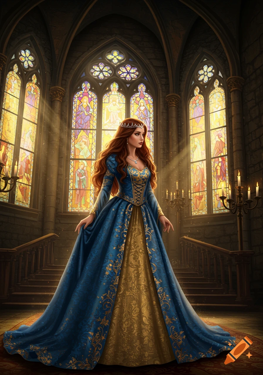 A red-haired princess in a blue and gold medieval dress stands in a grand gothic hall with stained-glass windows and sunlight.