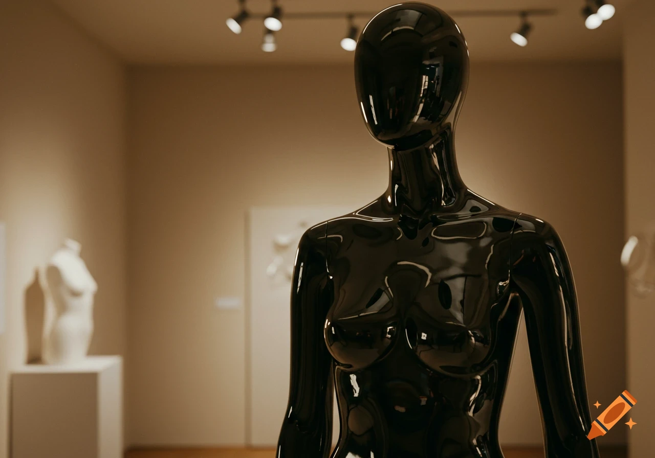 A glossy black female mannequin stands in a museum gallery, with a white bust visible in the blurry background.