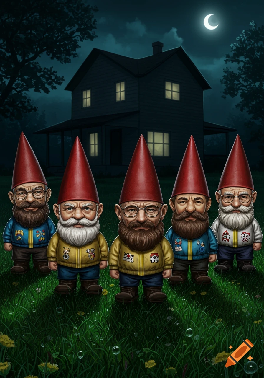 Five lawn gnomes resembling Breaking Bad characters stand in grass at night in front of a dark house under a crescent moon.