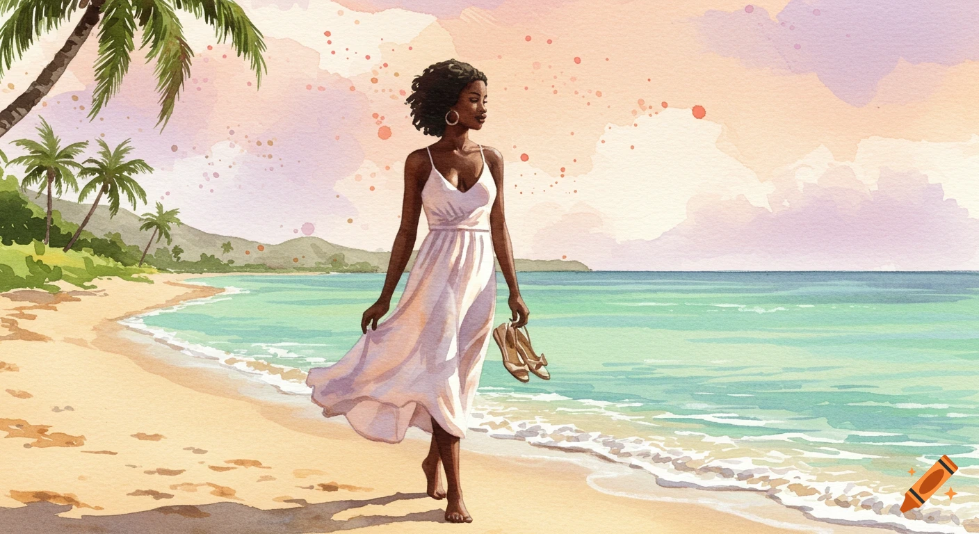 A Black woman walks barefoot on a sunlit tropical beach, holding her shoes, in a watercolor style.
