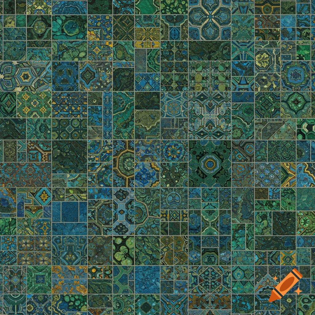 A mosaic pattern of various sized tiles in shades of teal, blue, and green with intricate abstract designs.