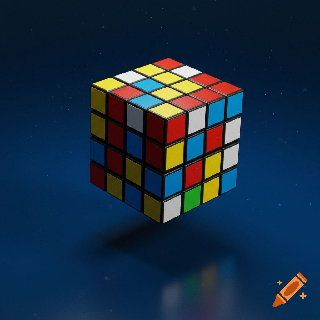 A realistic 3D render of a scrambled Rubik's cube floating over a deep blue background.