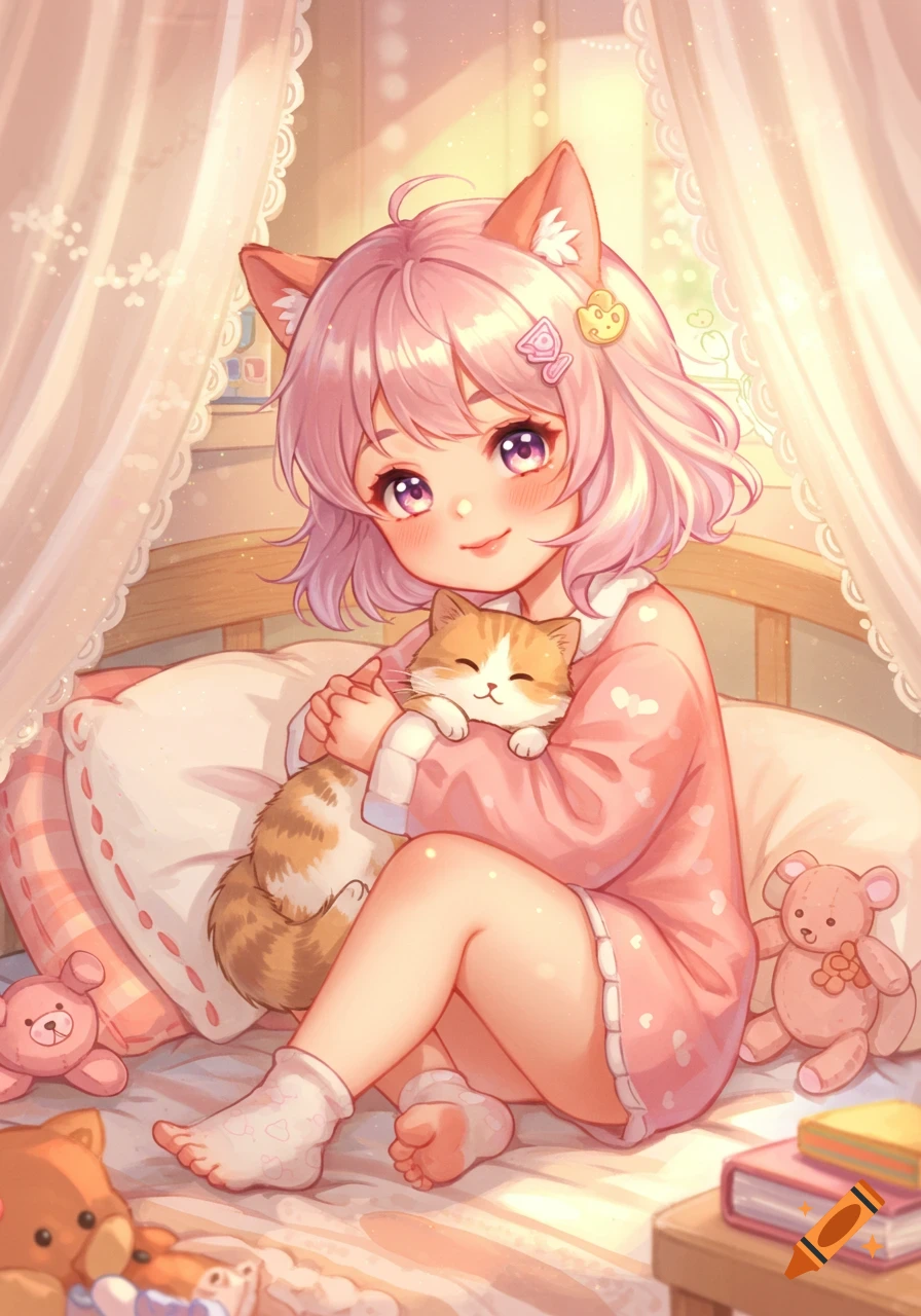 A cute anime girl with pink hair and cat ears sits in bed, hugging a ginger and white cat, surrounded by plush toys.