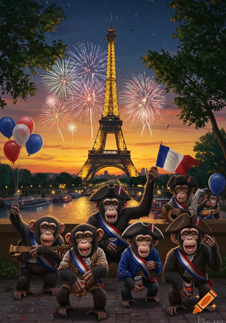 Chimpanzees in historical attire celebrate Bastille Day with fireworks over Eiffel Tower at sunset, detailed illustration.