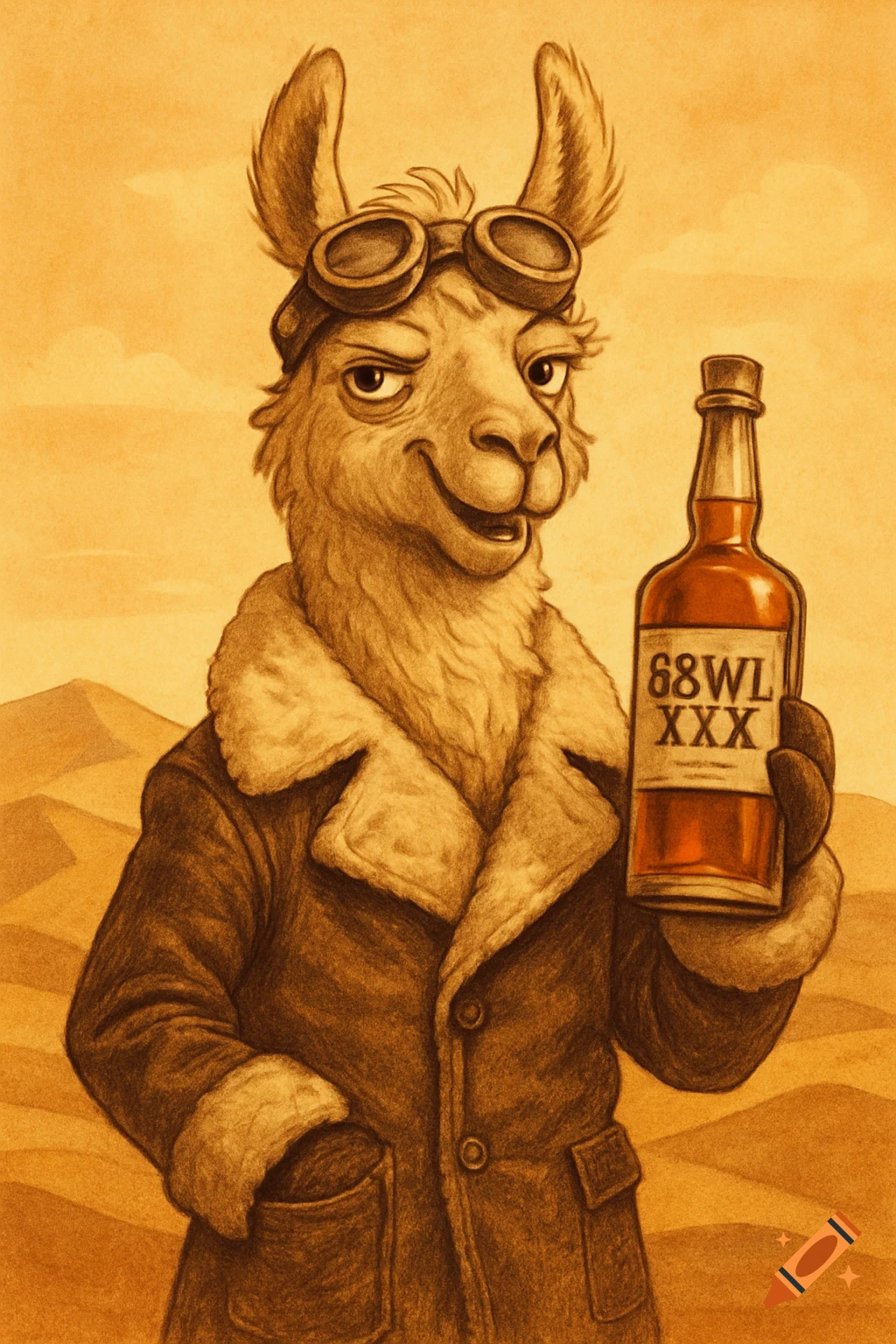 Sepia-toned illustration of an anthropomorphic llama wearing a pilot's coat and goggles, holding a bottle of whiskey.