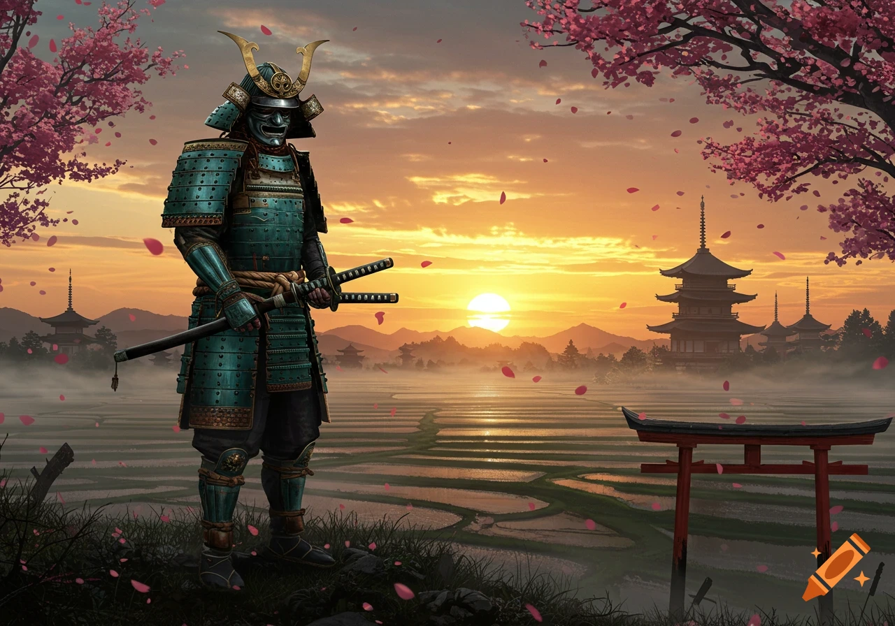 A samurai in teal armor stands holding two katanas in a Japanese landscape with pagodas, cherry blossoms, and rice fields at sunset.
