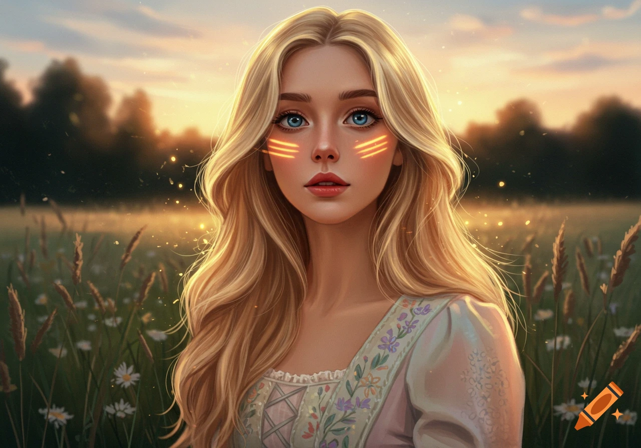 A digital art portrait of a blonde woman with blue eyes and glowing face paint in a field at sunset.