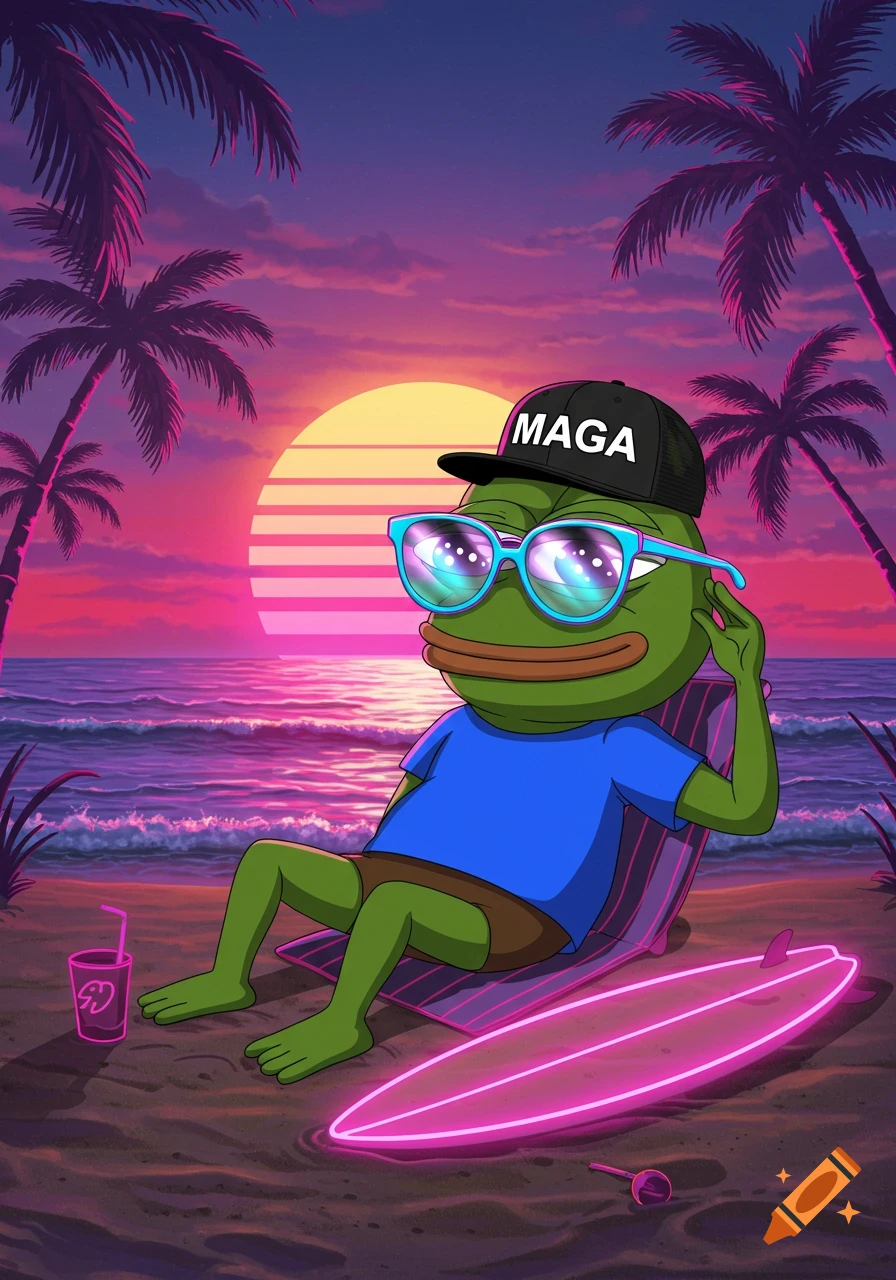 A neon-filtered cartoon image of Pepe the Frog in a MAGA hat and sunglasses, chilling on a beach at sunset with a surfboard and drink.