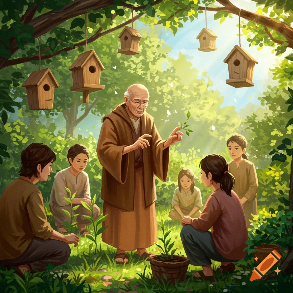 An old man in brown robes teaches several young people about plants in a sun-dappled forest clearing with birdhouses hanging from trees.