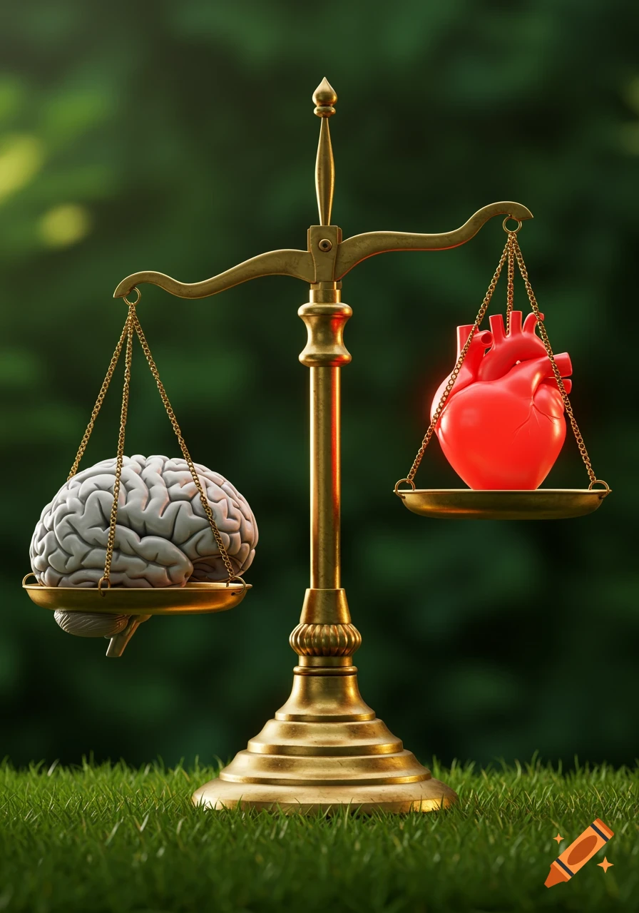 A brass balance scale with a grey brain on one pan and a glowing red heart on the other, the brain side weighted lower on green grass.