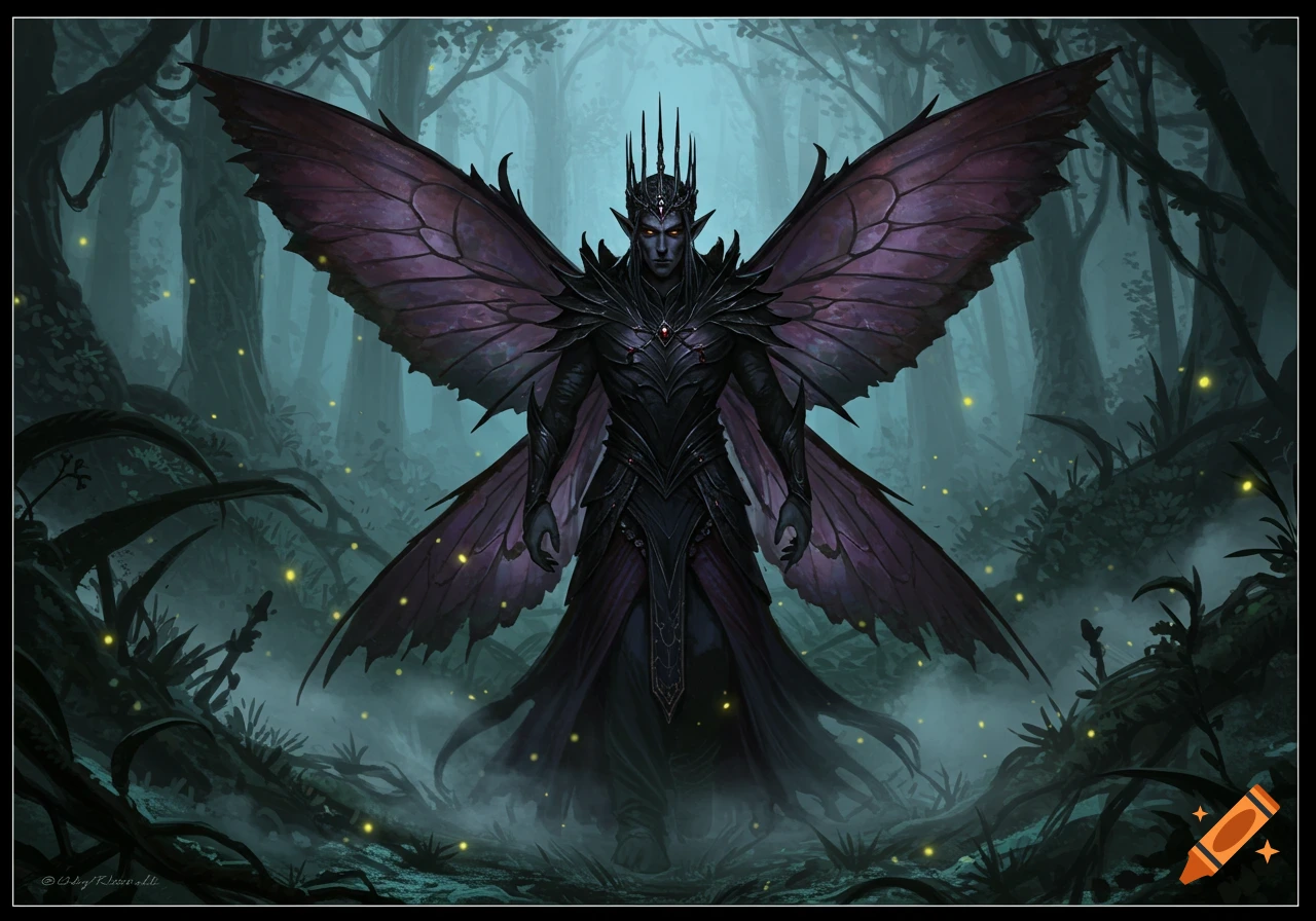 A dark fairy king with large purple wings and black armor stands in a mystical, foggy forest, digital art.