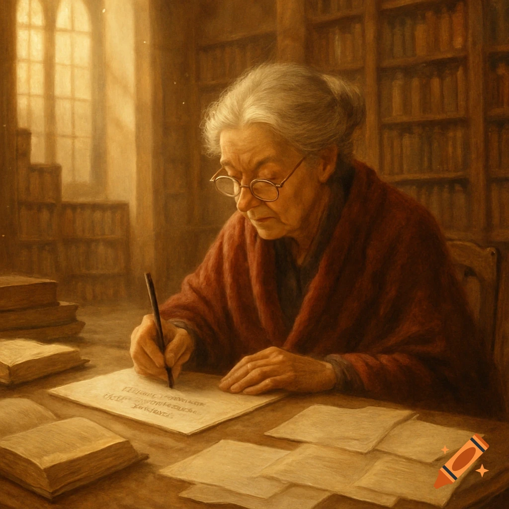An elderly woman with glasses and gray hair sits at a desk in a dimly lit library, writing on paper with a pen, surrounded by books.