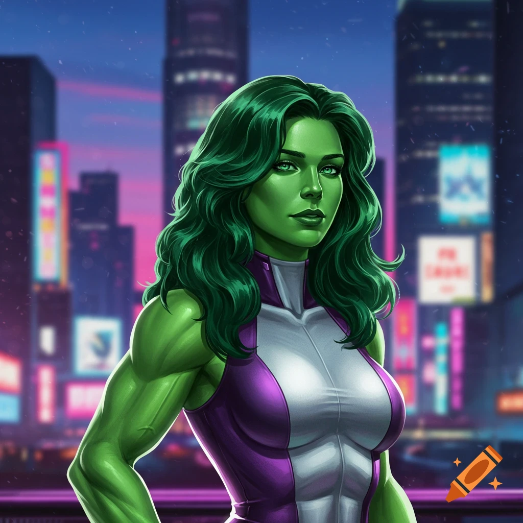 A vibrant illustration of She-Hulk, a green-skinned female superhero with long green hair, wearing a purple and white costume, standing against a blurred futuristic city night skyline.