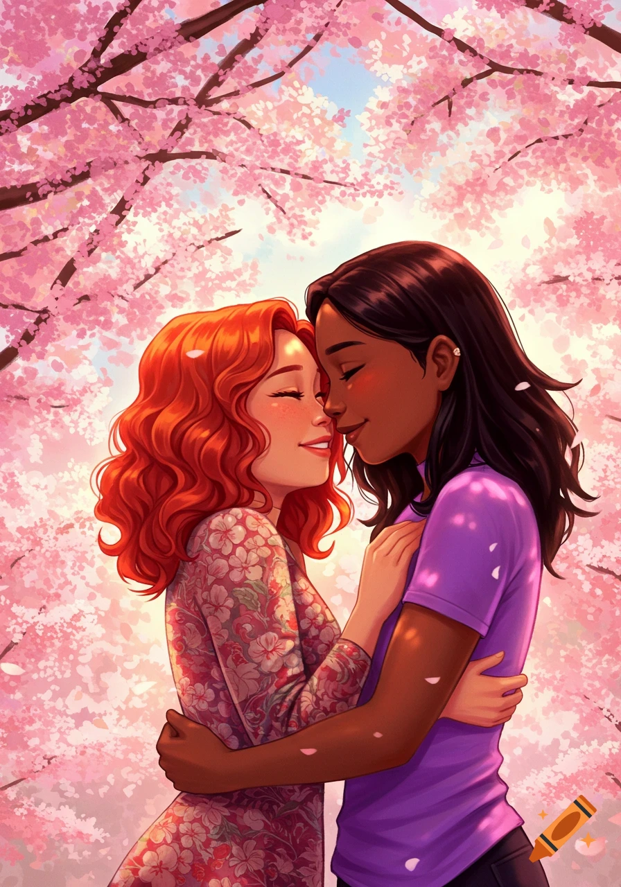 A colorful illustration of two women embracing under blooming pink cherry blossoms, one with red hair, the other with dark hair.