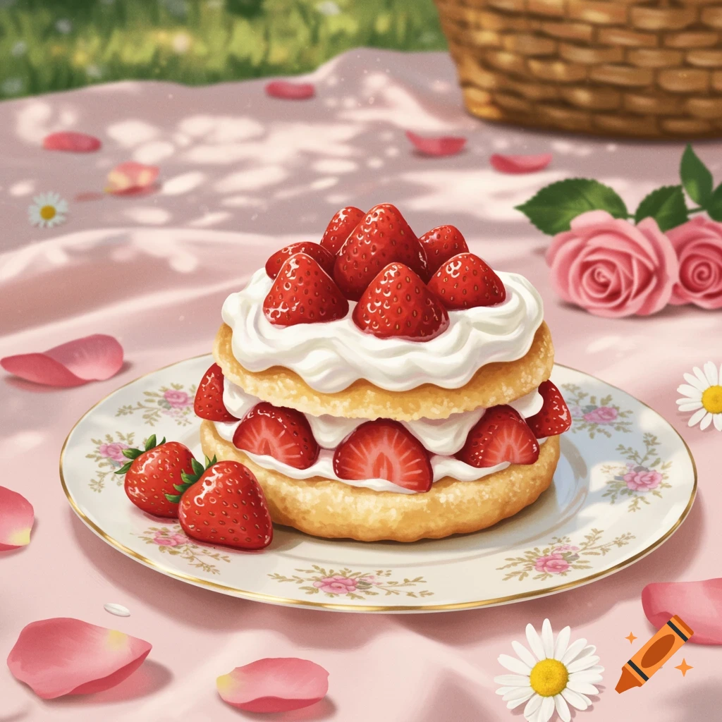 An illustration of a strawberry shortcake with whipped cream on a floral plate, set on a pink picnic blanket with scattered rose petals and daisies.