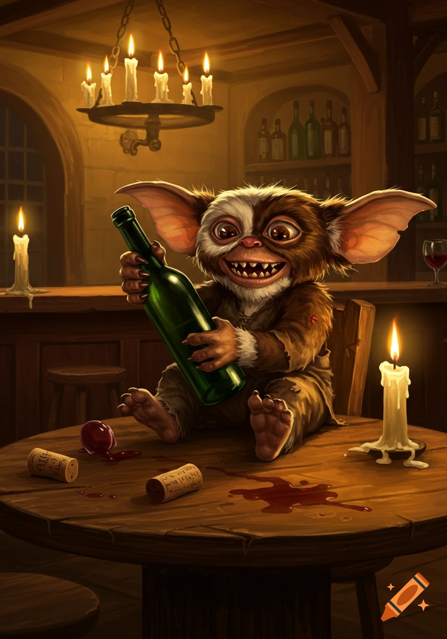 A mischievous gremlin sits on a wooden table in a dimly lit tavern, grinning and holding a green wine bottle, with spilled red wine and corks on the table.