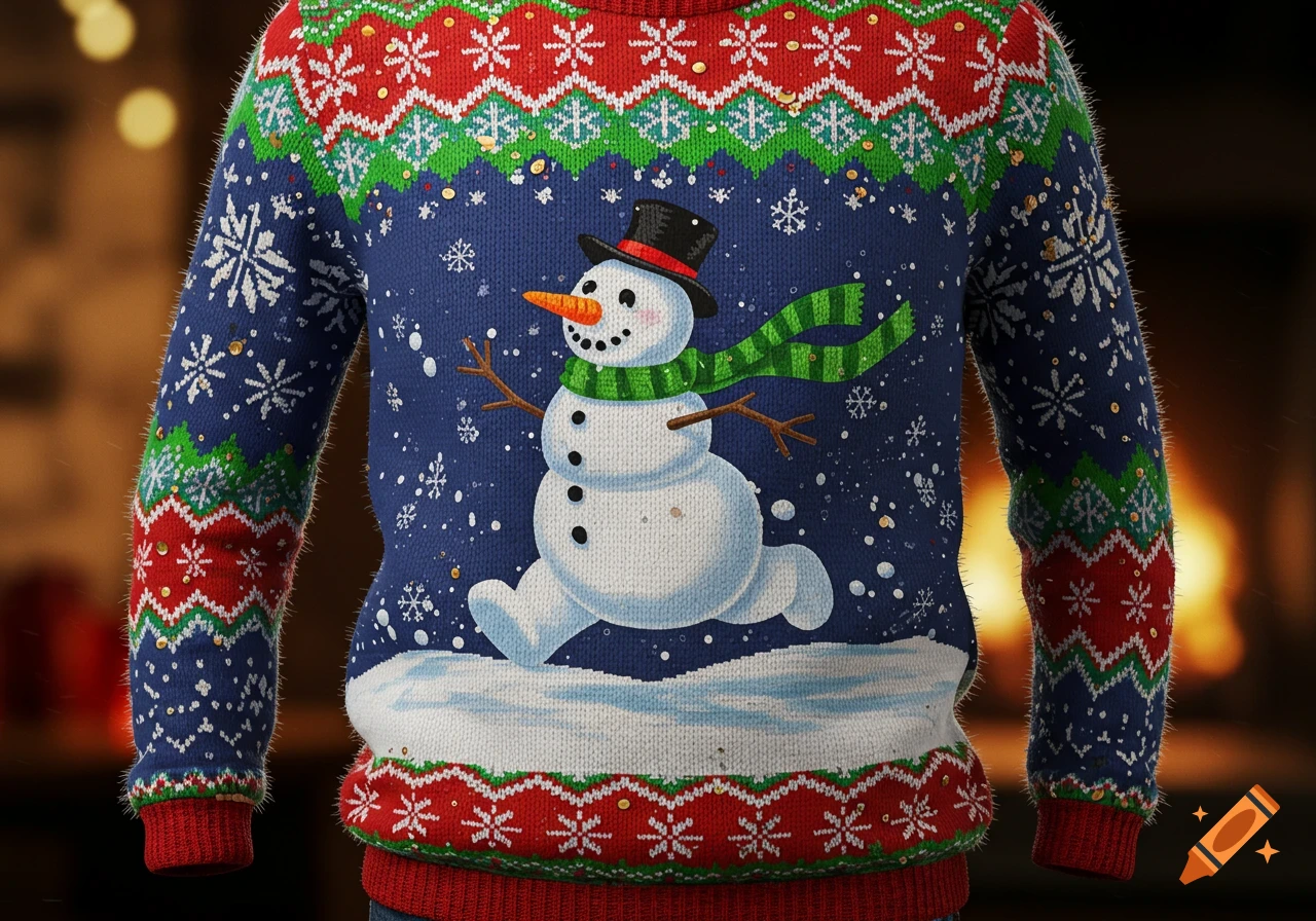 A blue, red, and green ugly Christmas sweater featuring a running snowman, snowflakes, and festive patterns.