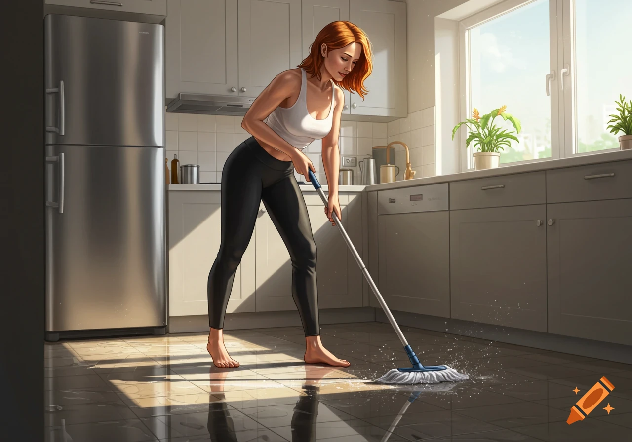 A red-haired woman in a white tank top and black yoga pants mops a tiled kitchen floor with sunlight shining through a window.
