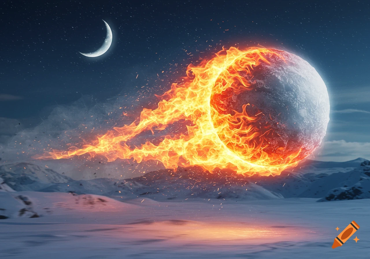 A flaming, icy sphere streaks across a snowy landscape under a crescent moon and starry night sky.