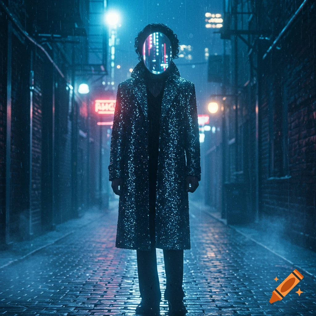 A person in a shimmering trench coat with a reflective mirror for a face stands in a rain-slicked cyberpunk alley at night.