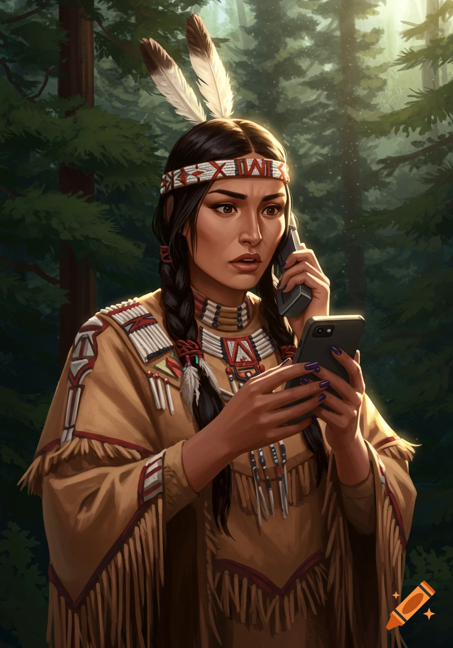 A digital painting of a surprised Indigenous woman in traditional clothing holding two phones in a forest.