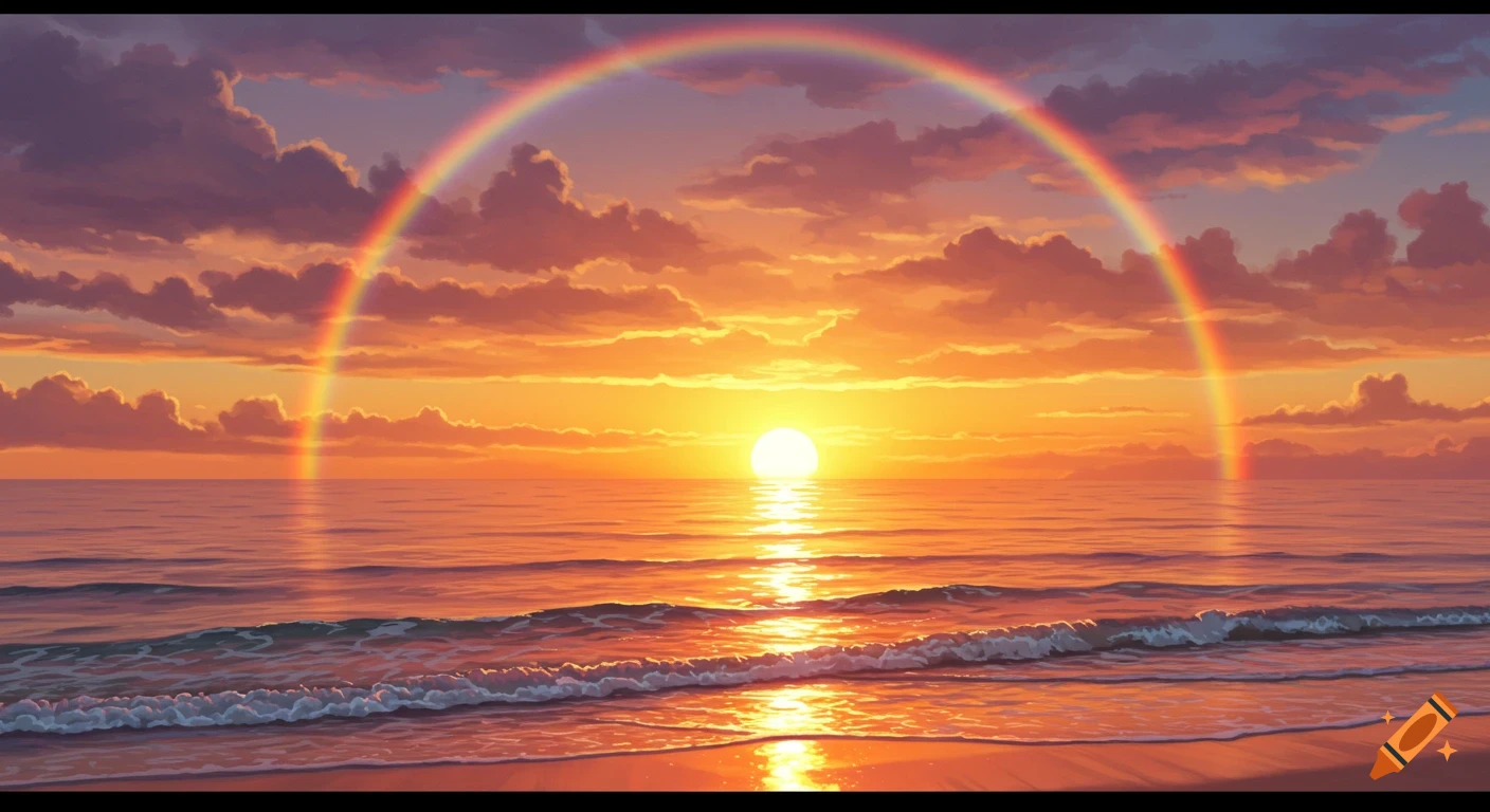 A vibrant sunset over an ocean with waves on a beach, featuring a colorful rainbow arching across the sky.