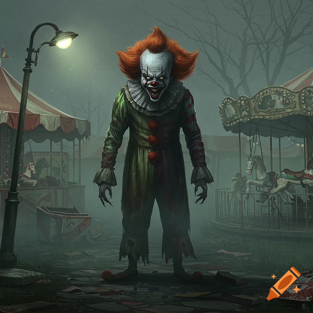 A terrifying clown with red hair and sharp teeth stands in a foggy, abandoned carnival at night, illuminated by a lone streetlamp.
