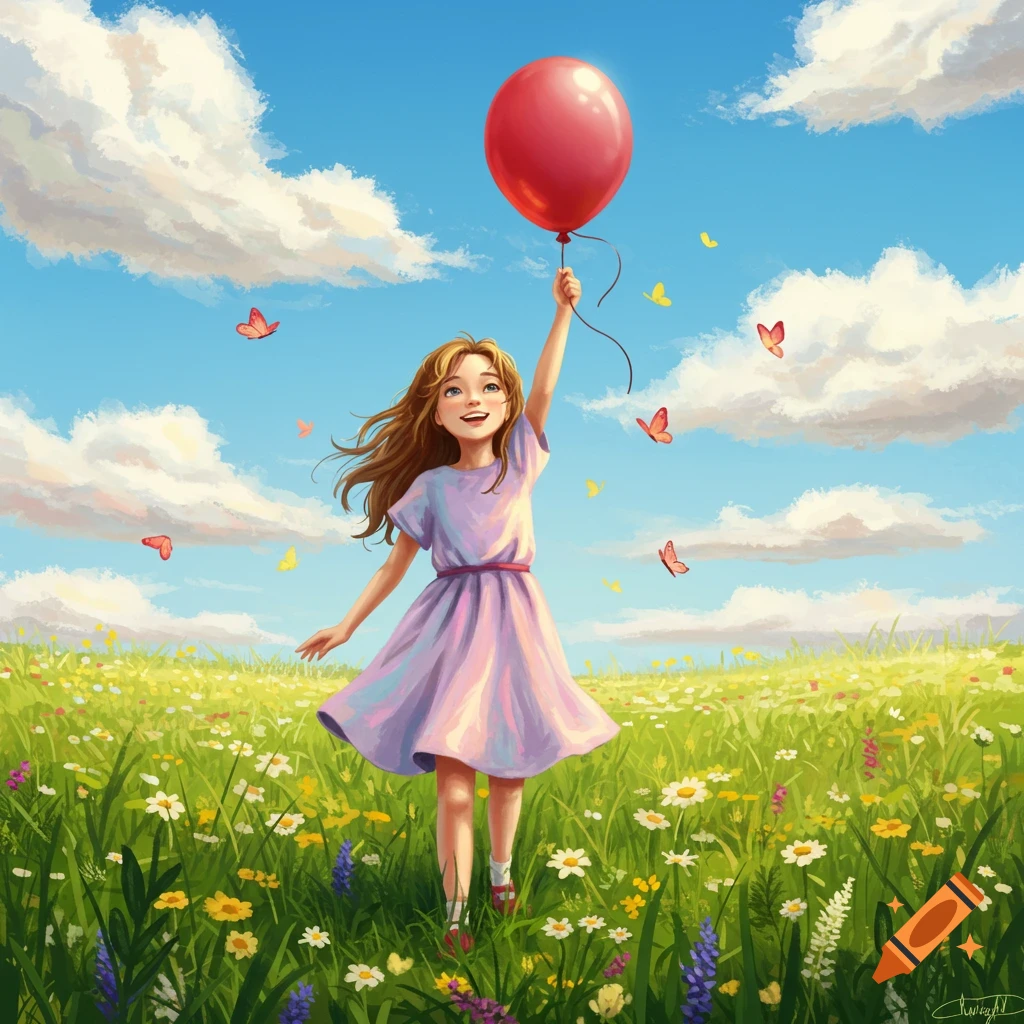 A joyful girl in a purple dress holds a red balloon in a vibrant flower field under a blue sky with clouds and butterflies. Illustrated.