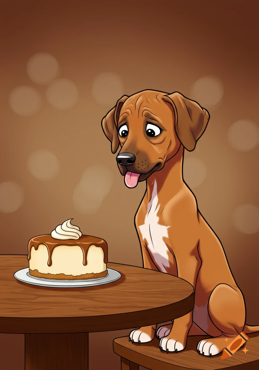 A sad-looking cartoon dog sits at a wooden table, staring longingly at a cheesecake topped with whipped cream and caramel drizzle.