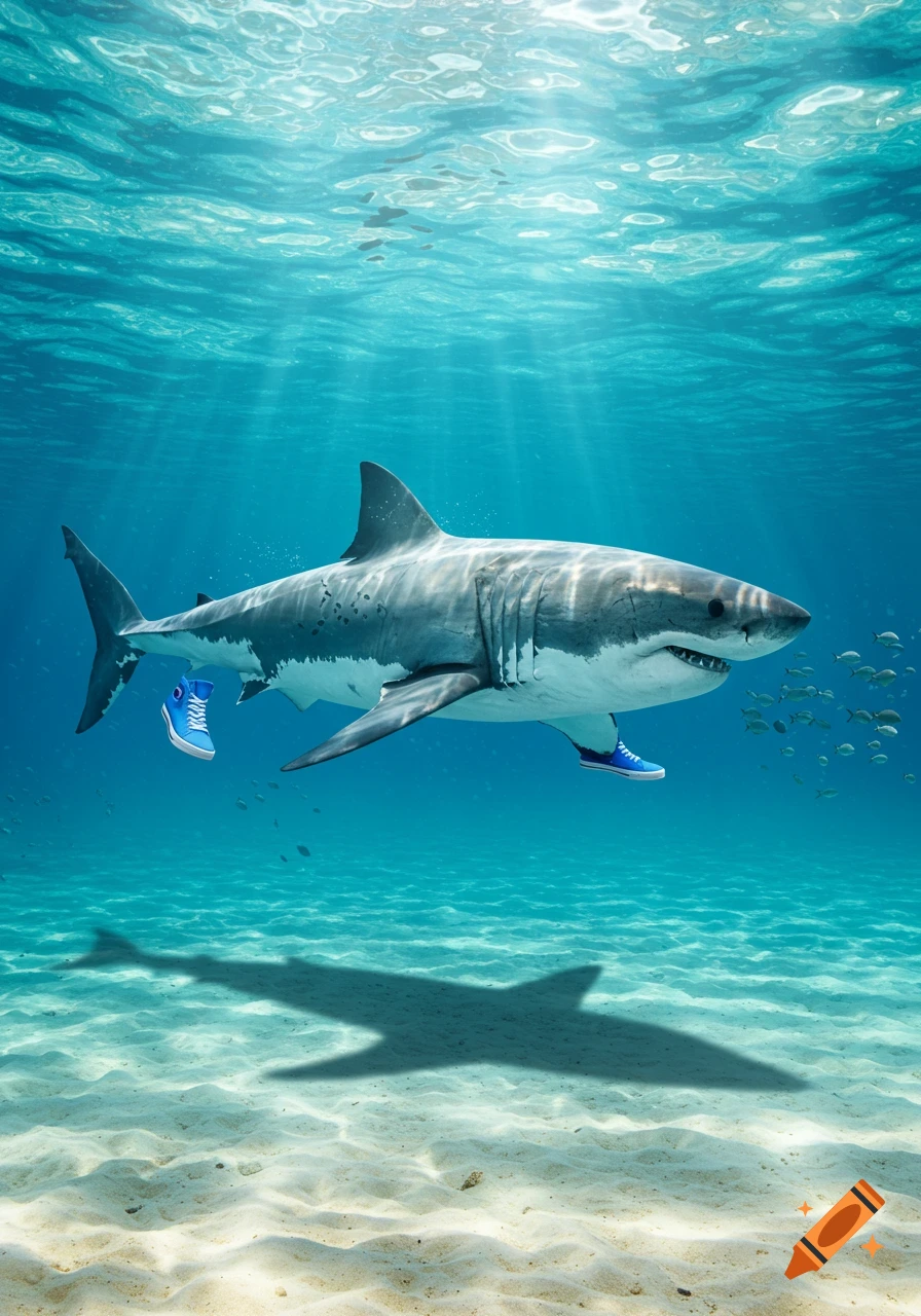 A photorealistic great white shark swims underwater, wearing bright blue shoes on its fins, with sunlight filtering through the water.