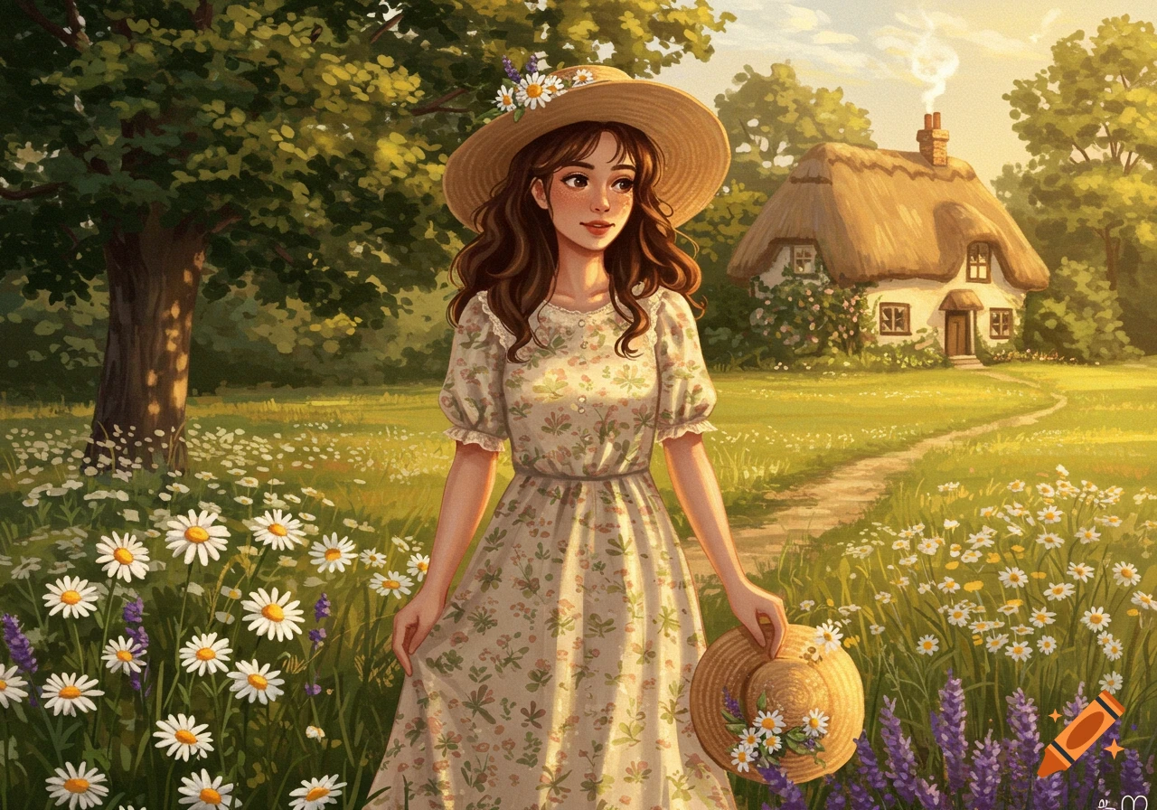 A girl in a floral dress and straw hat stands in a daisy field with a cottage in the background, in a digital painting style.