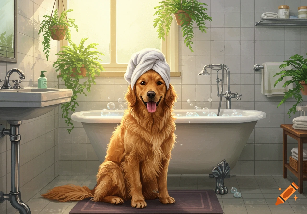 A happy golden retriever sits on a bath mat in a bathroom, wearing a white towel turban on its head, next to a bubble-filled bathtub.