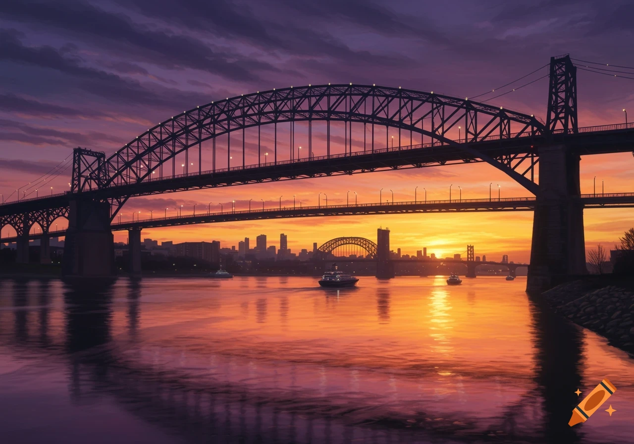A large arched bridge spans a wide river at sunset, with a city skyline visible in the distance under a vibrant purple and orange sky.