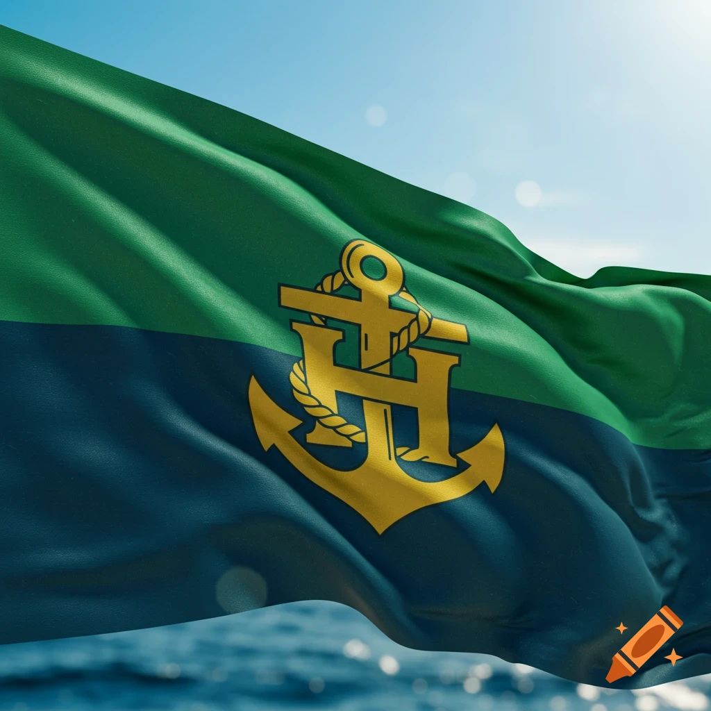 A green and blue flag with a gold stylized letter H intertwined with an anchor, waving against a bright blue sky and ocean.