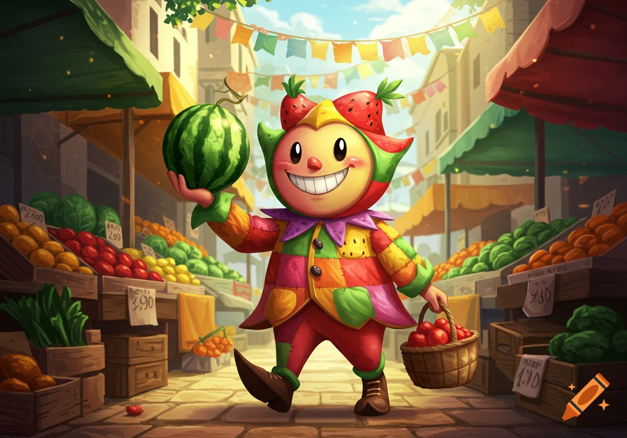 A cheerful, colorful mascot character holding a watermelon and a basket of apples at a vibrant outdoor market.