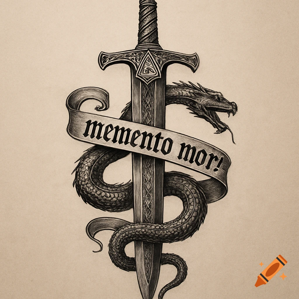 Black and white sketch of a detailed sword with a dragon wrapped around it and a banner reading 'memento mori'.