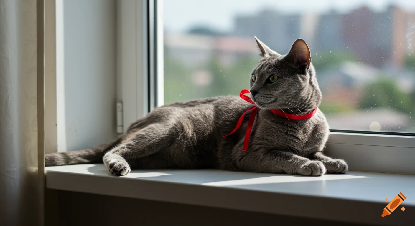 A photorealistic gray cat with a red ribbon collar lies on a white windowsill, with a blurred cityscape in the background.