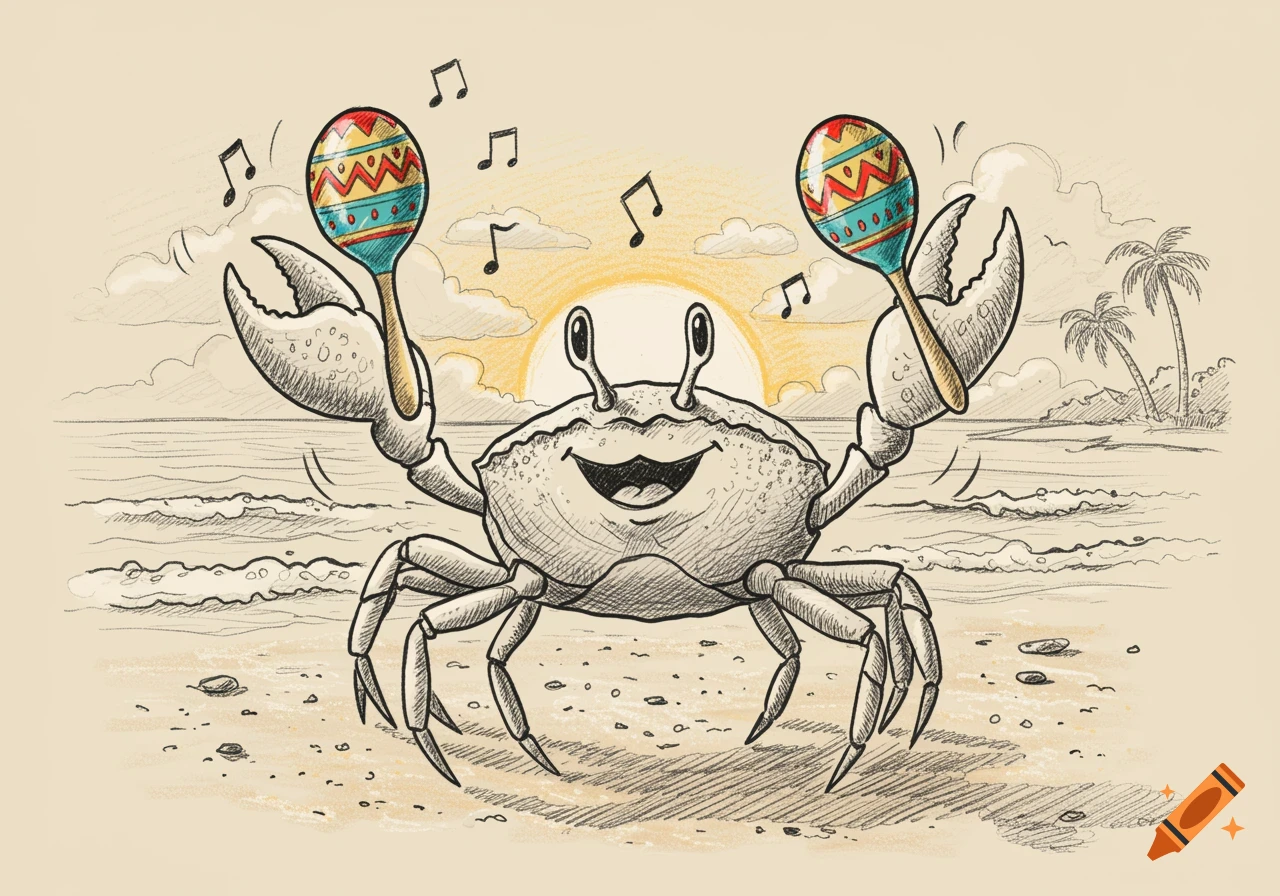A happy cartoon crab dances on a beach at sunset, holding two maracas, in a sketch style illustration.