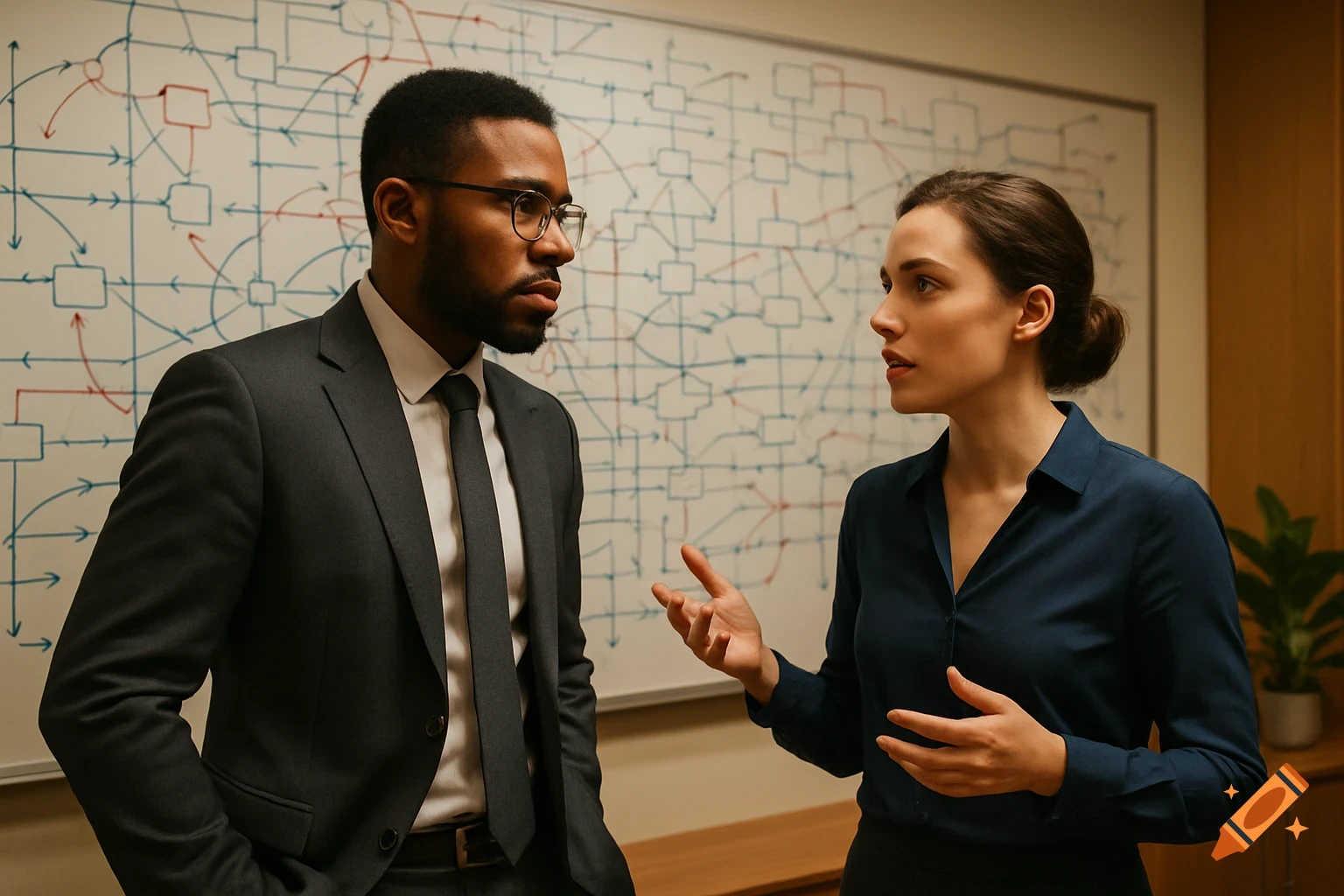 Two professionals discuss in front of a whiteboard with network diagrams.