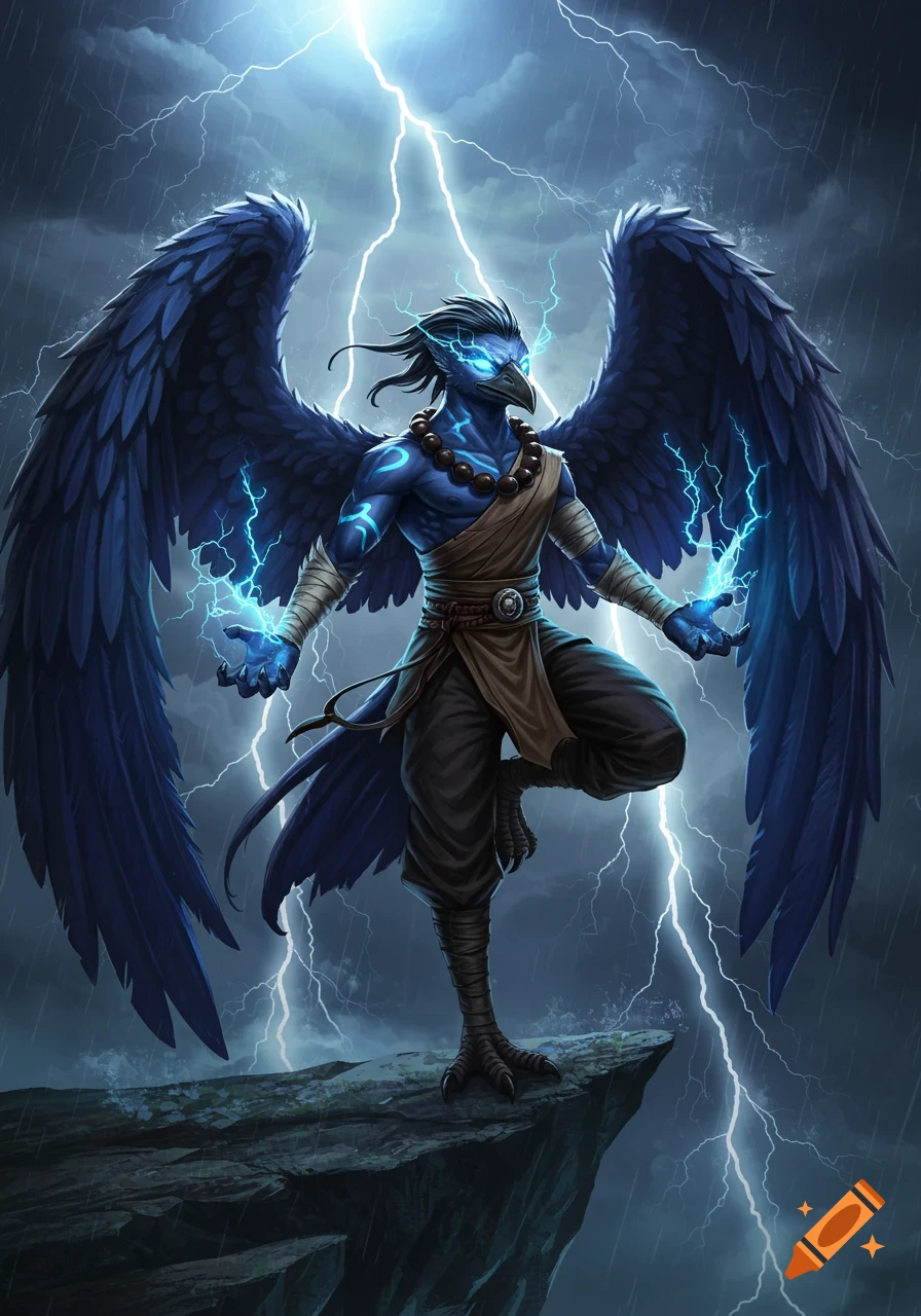 A blue feathered bird-like monk with glowing eyes and lightning energy stands on a cliff during a thunderstorm, high-fantasy art style.