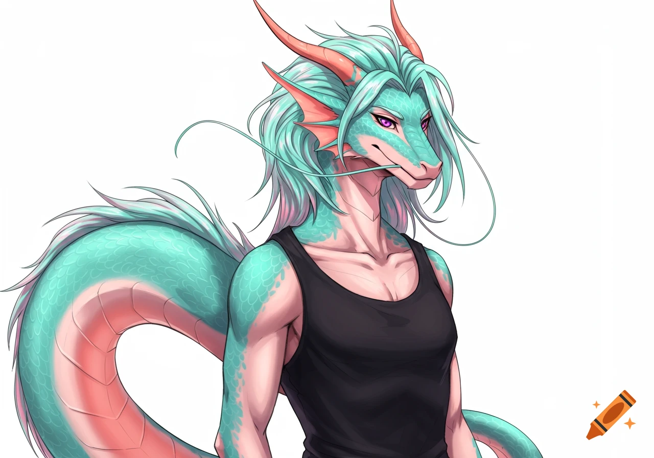 An anthropomorphic eastern dragon with teal hair and scales, coral accents, and magenta eyes, wearing a black tank top, on a white background.