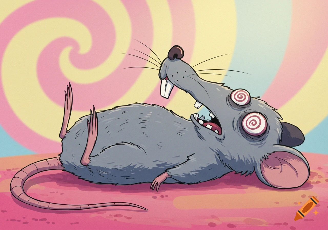 A cartoon rat lies on its back with spiral eyes and large teeth, against a swirling pastel background.