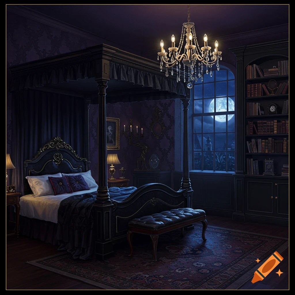A dimly lit gothic bedroom with a black four-poster canopy bed, a chandelier, and a large window showcasing a full moon and castle silhouette.