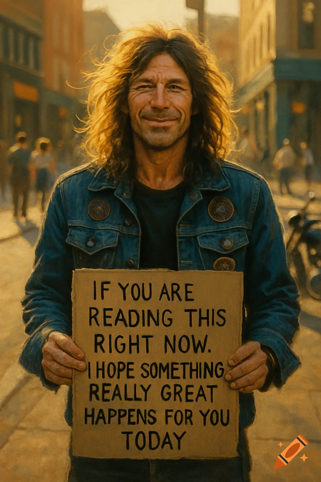 A photorealistic image of a long-haired man in a denim jacket holding a sign that reads, 'IF YOU ARE READING THIS RIGHT NOW. I HOPE SOMETHING REALLY GREAT HAPPENS FOR YOU TODAY' on a sunny street.
